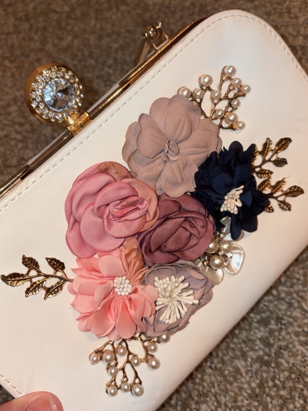 Elegant Floral Applique White Clutch with Multicolor Flowers